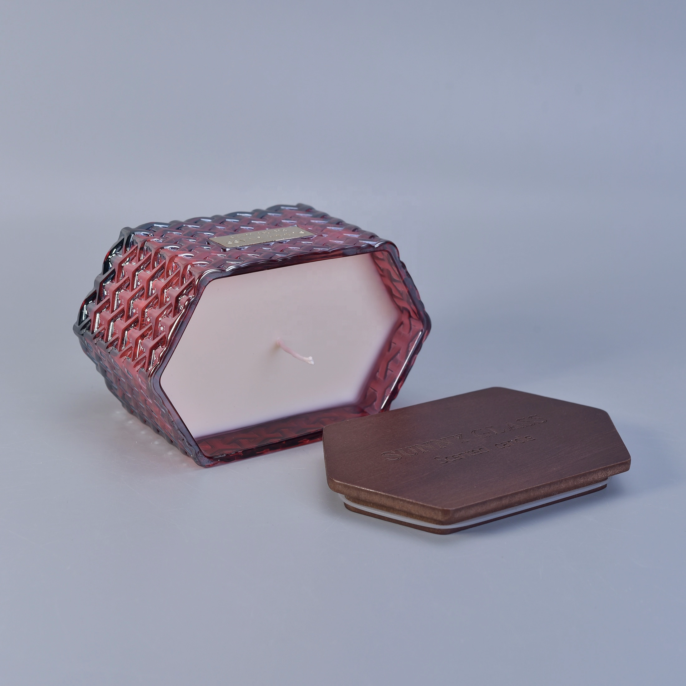 Suppliers Hexagon scented candle glass holders with wood lid