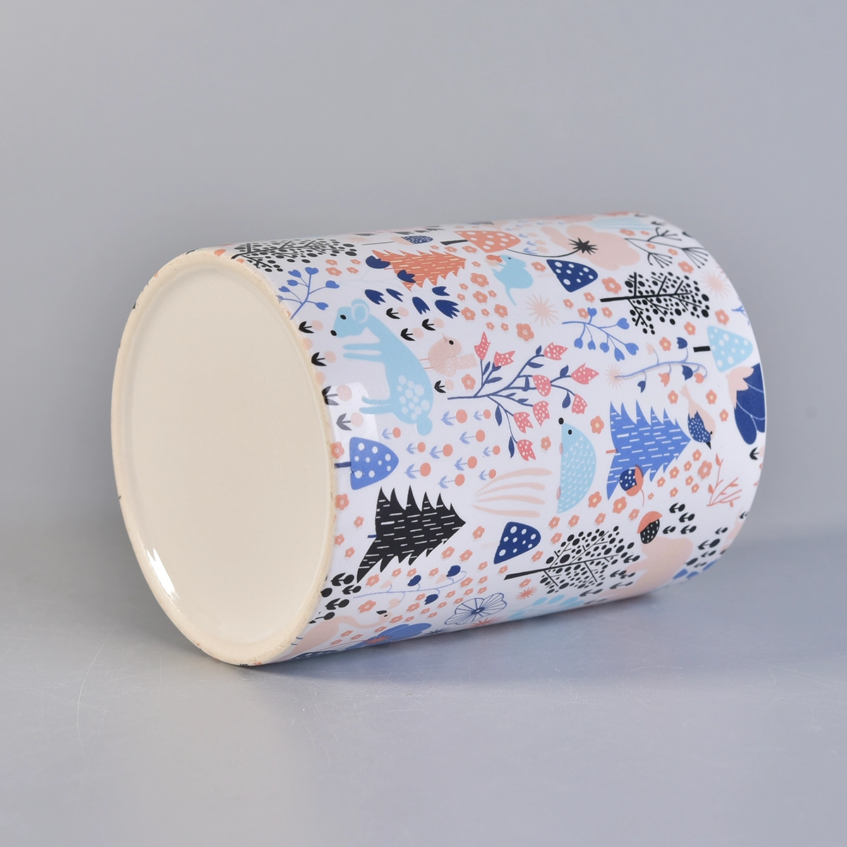 white ceramic candle container with custom prints, 12 oz decorative ceramic candle jars
