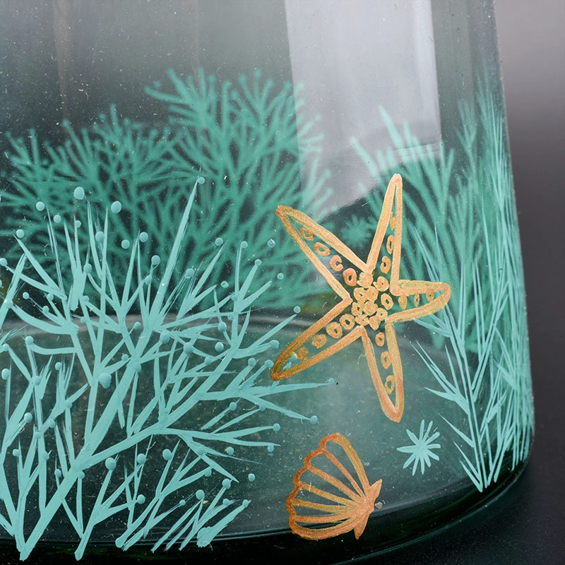 ocean designed glass candle vessel, bell shaped glass jar with hand painting