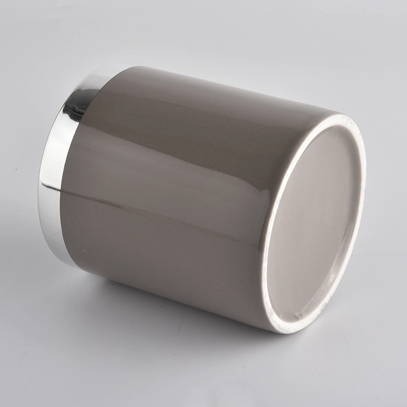 grey ceramic candle container with silver rim top, decorative ceramic candle holders for home decor