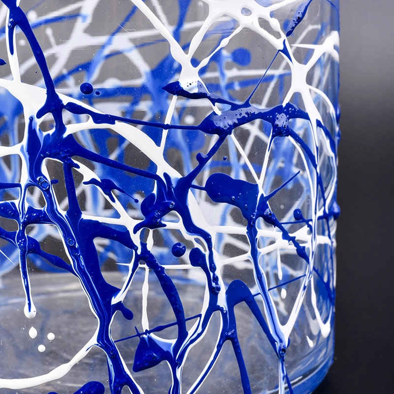 glass vessel with random lines painting, decorative cylinder glass candle jars