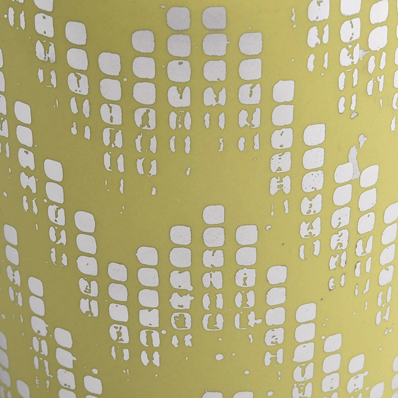 yellow ceramic candle container with silver patterns, customized ceramic candle holders