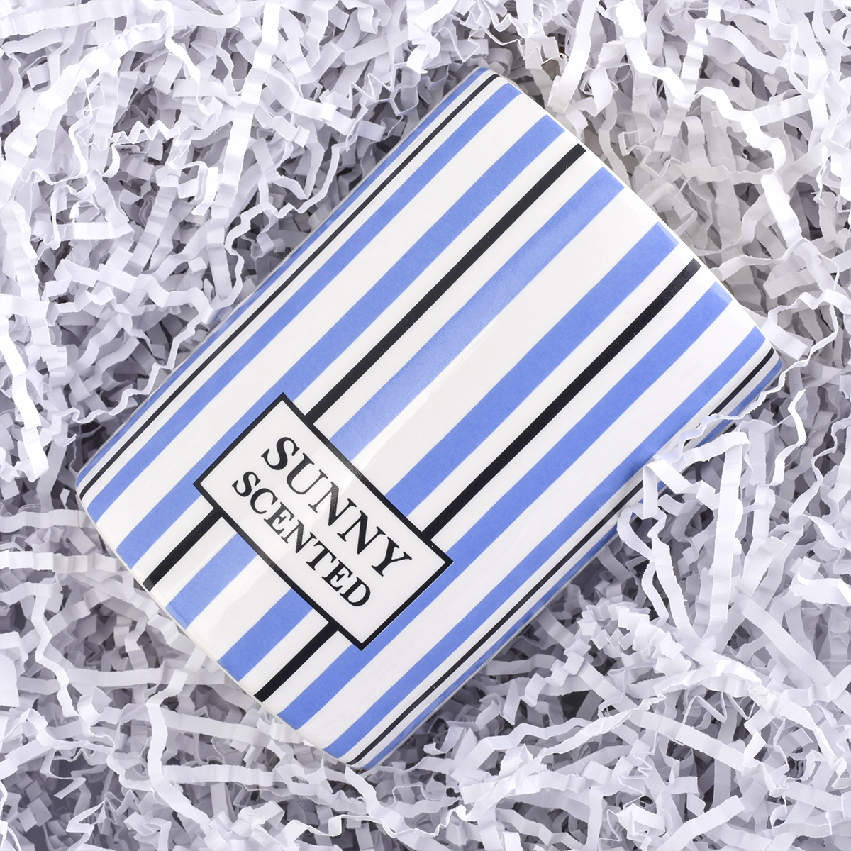 blue ceramic candle jar with stripes, candle holder with custom logo