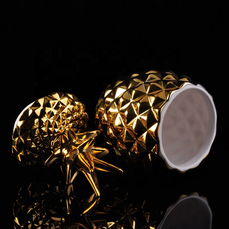 Custom luxury decorative gold white pineapple ceramic candle jars with lid