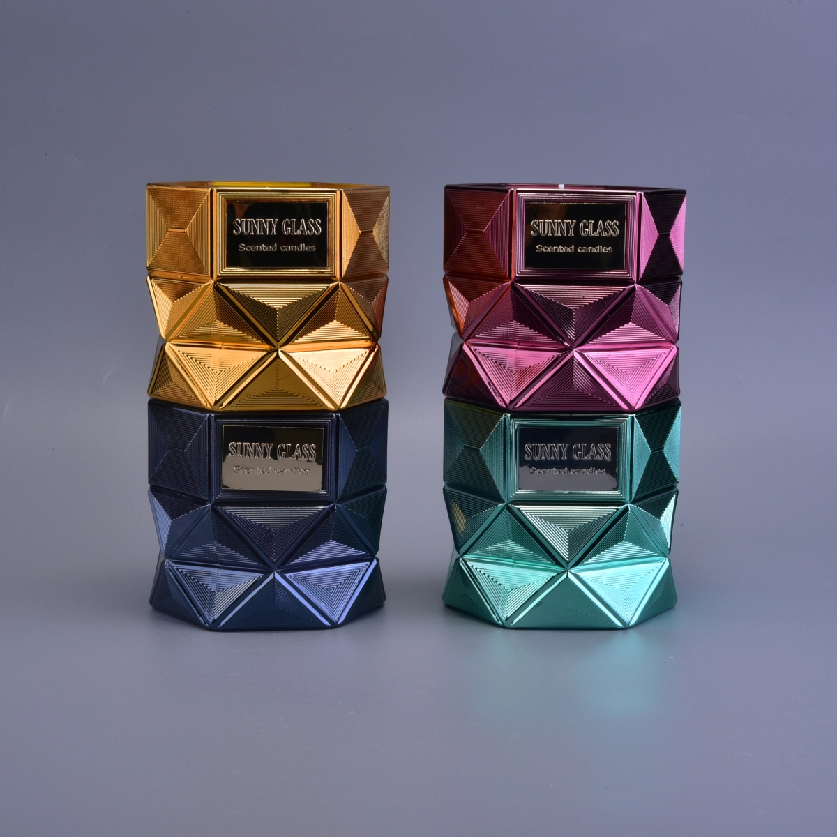 hexagon shaped luxury glass candle holder, electroplated inside glass vessels