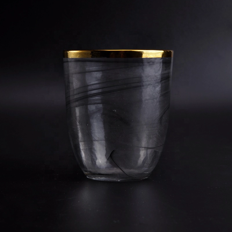 Thin black glass candle jars with gold rim home decoration wholesale