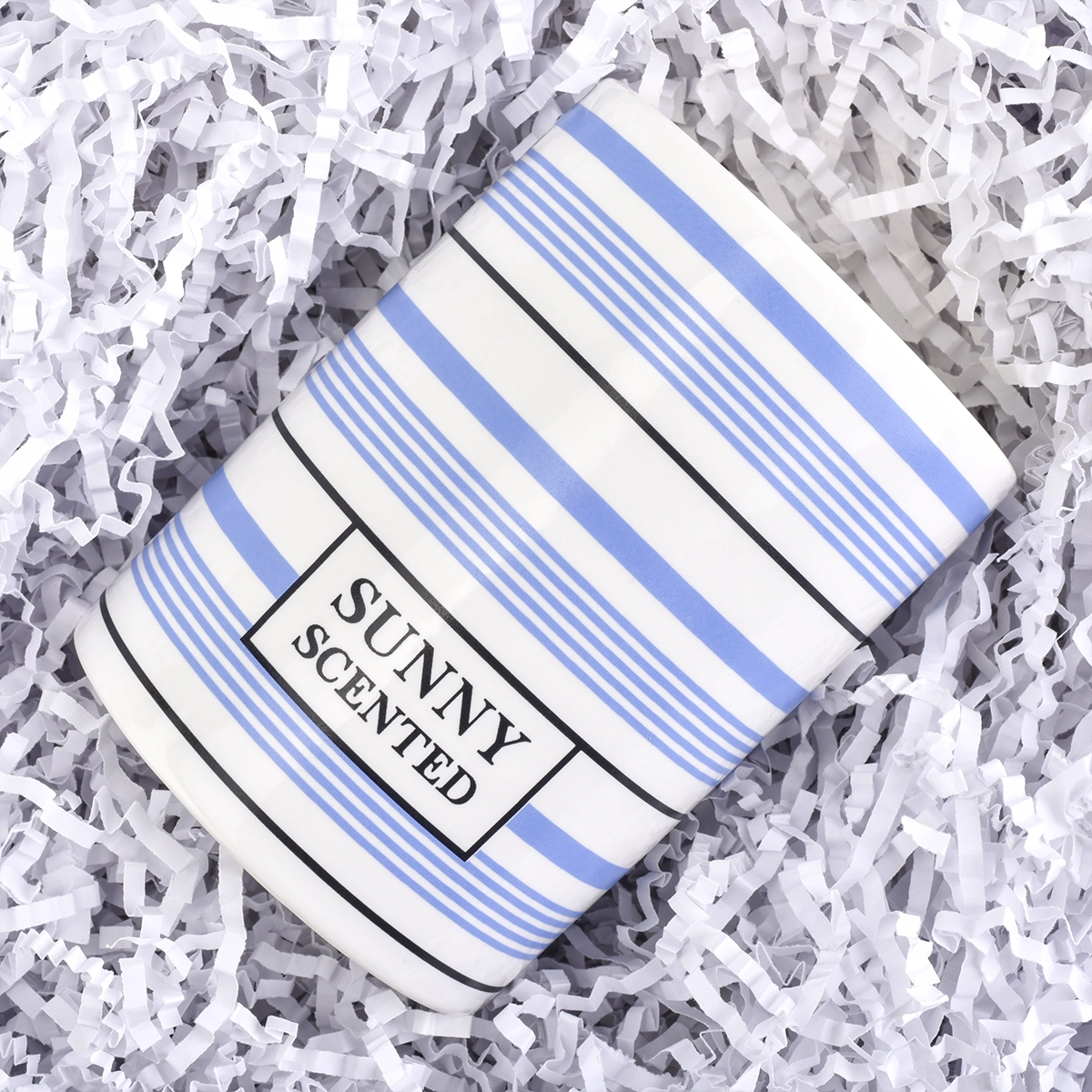 blue and white lines ceramic candle vessel, simple ceramic candle holder