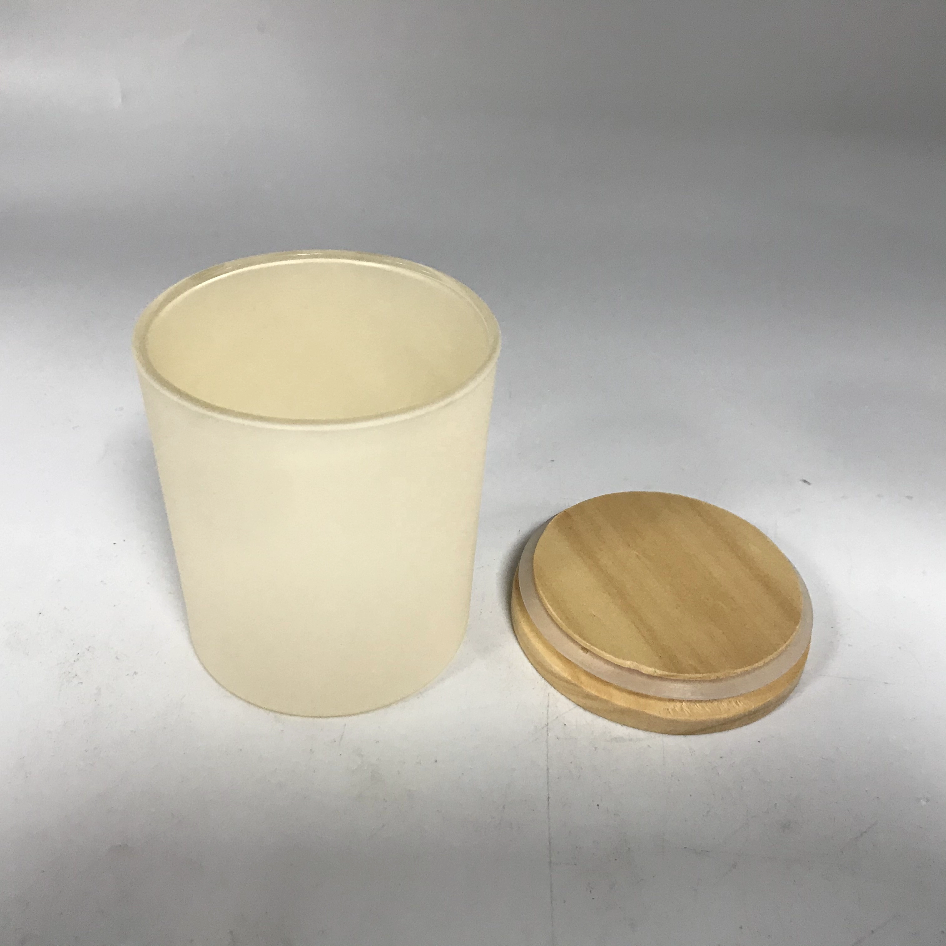off-white glass candle jars with wood lid