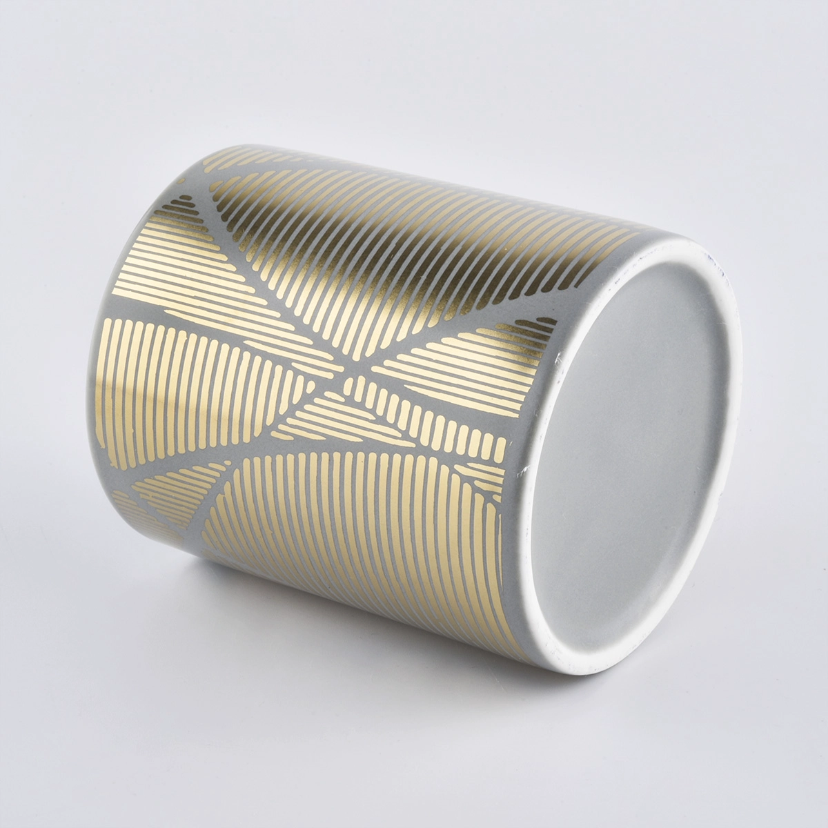 cylinder ceramic candle vessels with shiny gold stripes, unique ceramic candle holders