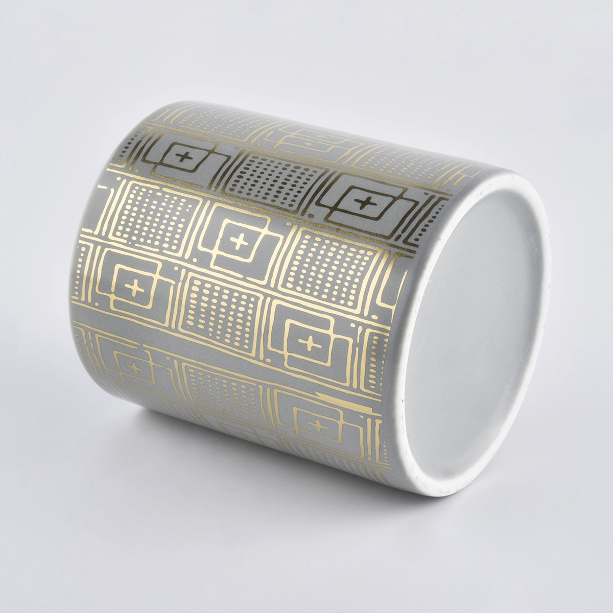 gray ceramic candle vessels with custom prints, unique ceramic jars for candle making