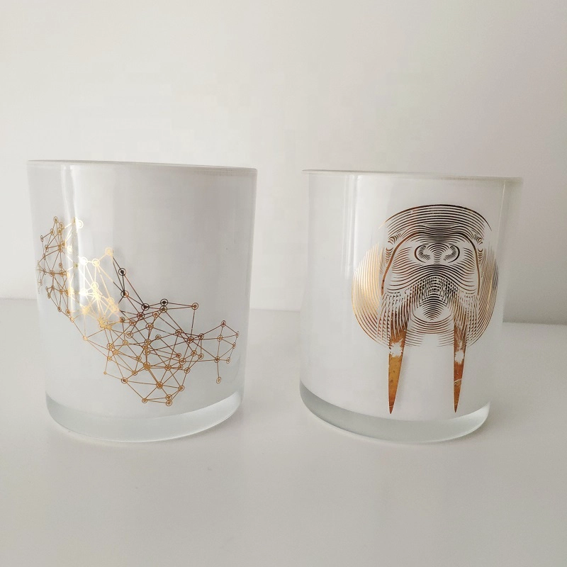 white glass candle vessels with gold decal, 12 oz cylinder candle containers