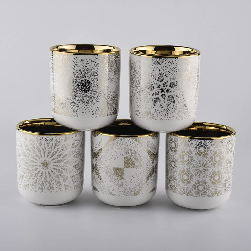 ceramic candle holder with shiny gold pattern, gold inside ceramic candle jar