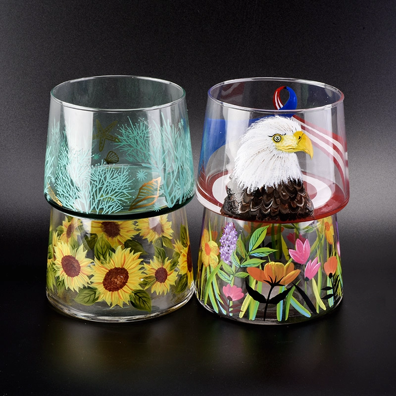 ocean designed glass candle vessel, bell shaped glass jar with hand painting