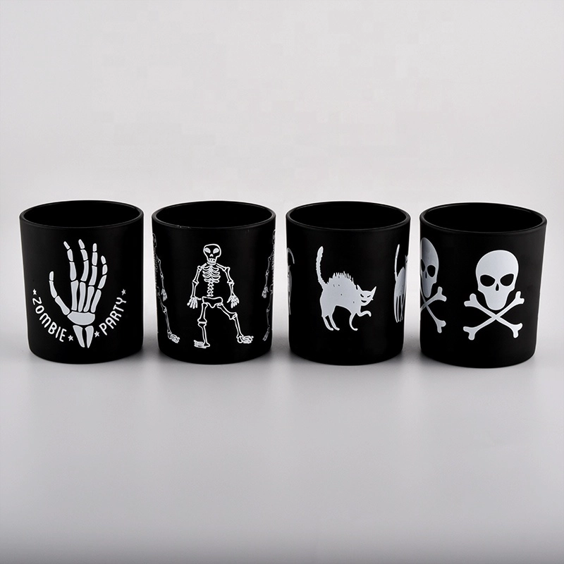 8 OZ customized glass candle jars, black glass candle holder with white patterns