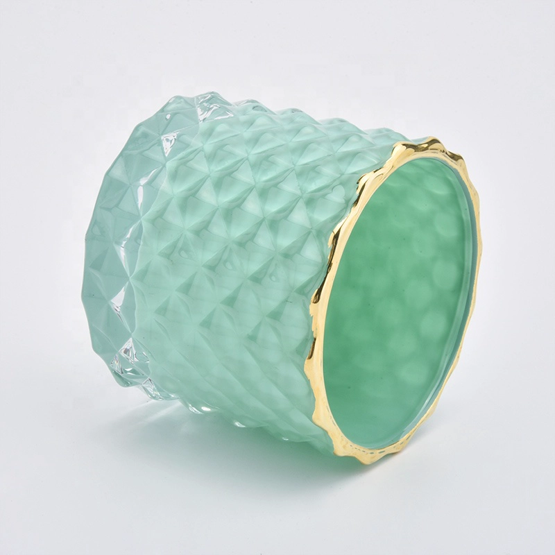 Gold Rim Solid Green Glass Candle Jar with Lids Home Decor Wholesales