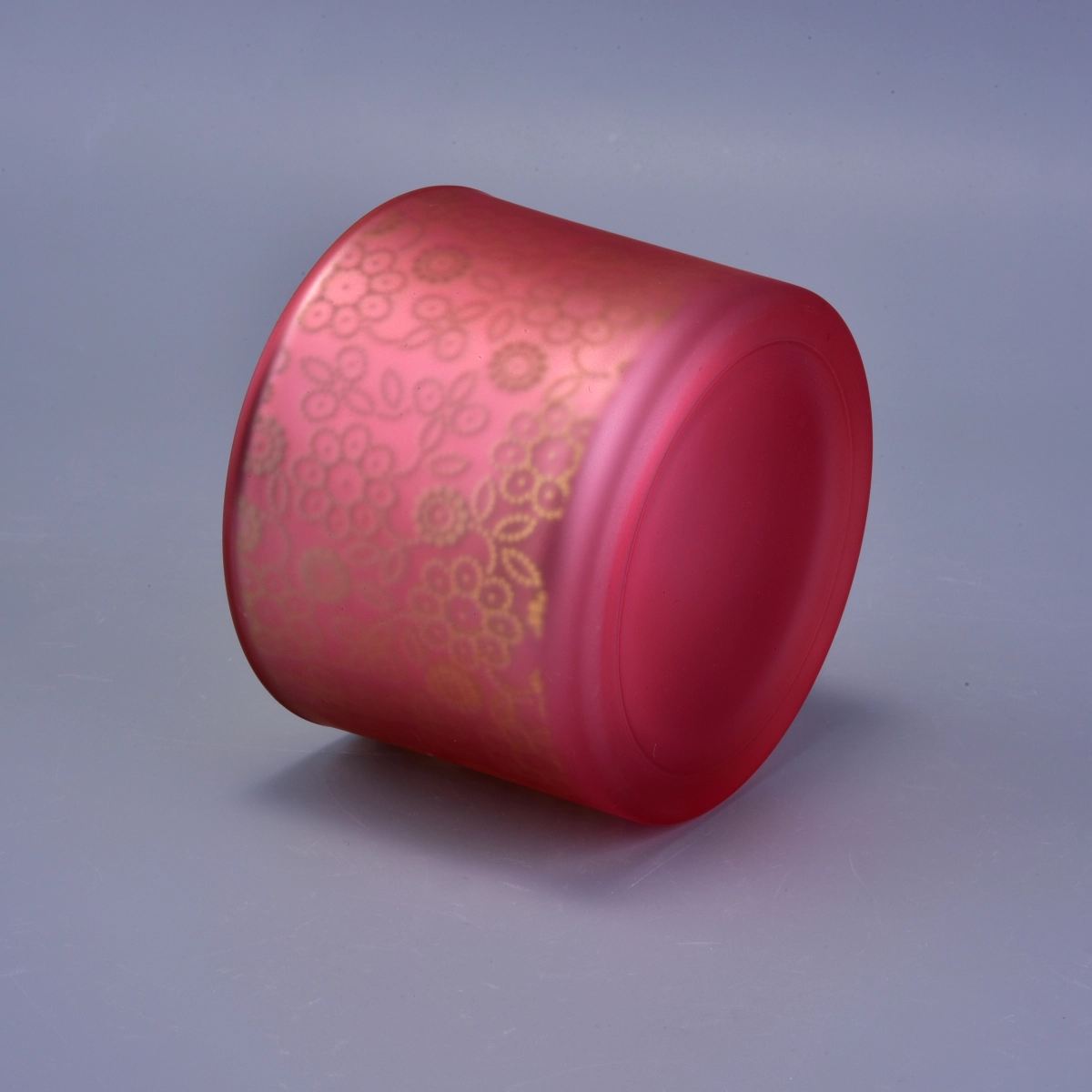 frosted red outside glass candle holder with gold inside, decorative glass candle vessel