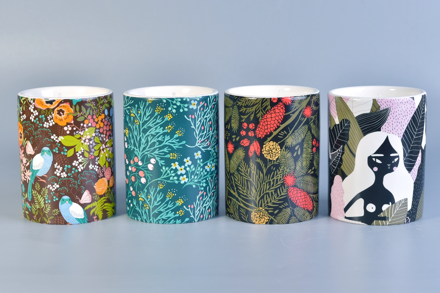 white ceramic candle container with custom prints, 12 oz decorative ceramic candle jars
