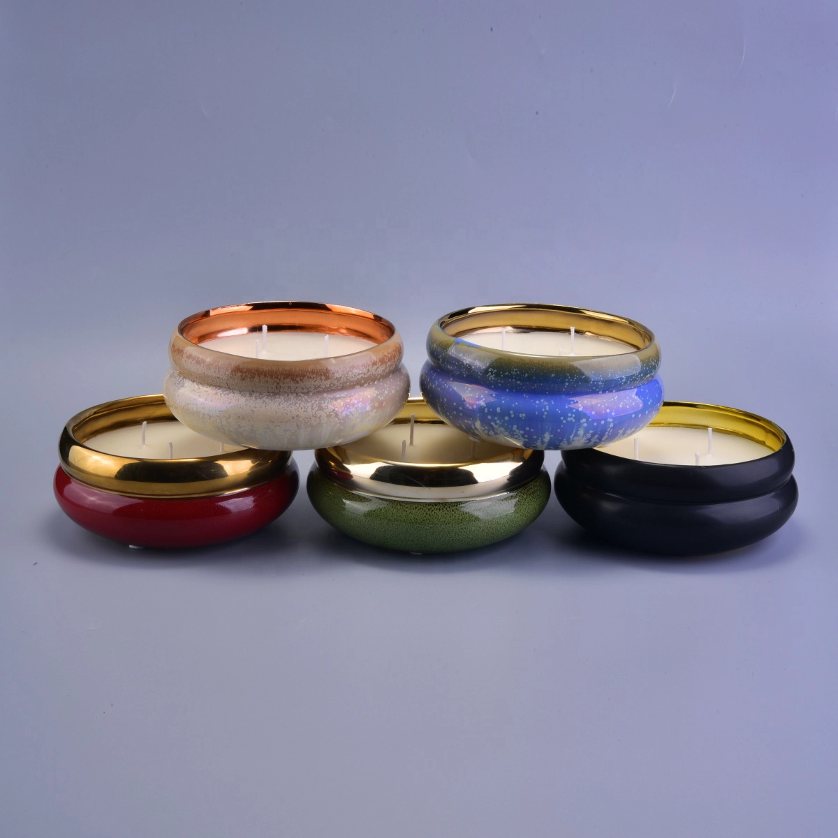 Wholesales 3 wick large ceramic candle vessels with electroplate inside