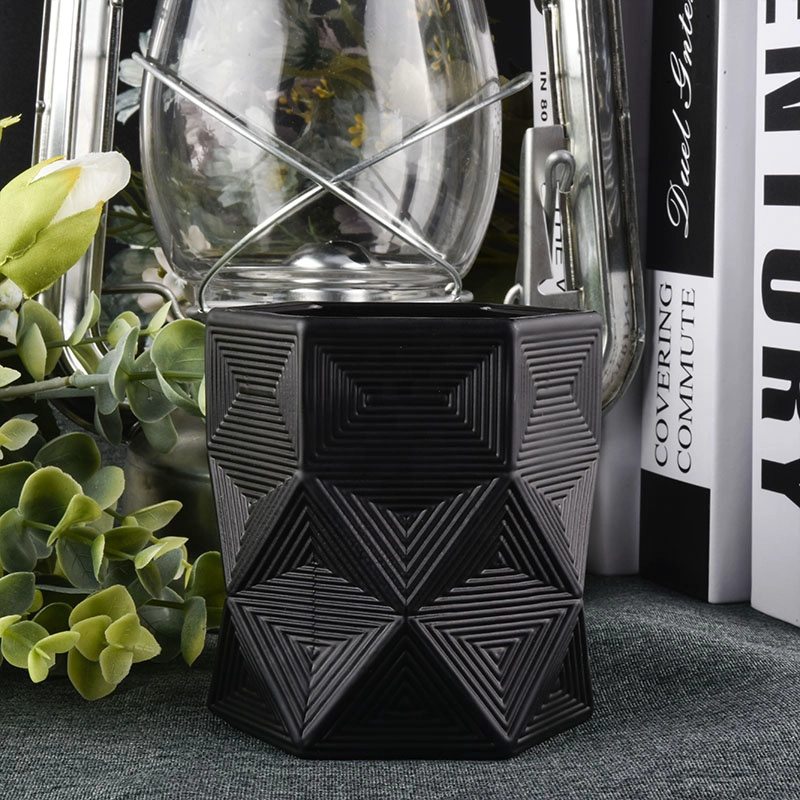 6oz hexagonal luxury black glass candle jars with geo cut design