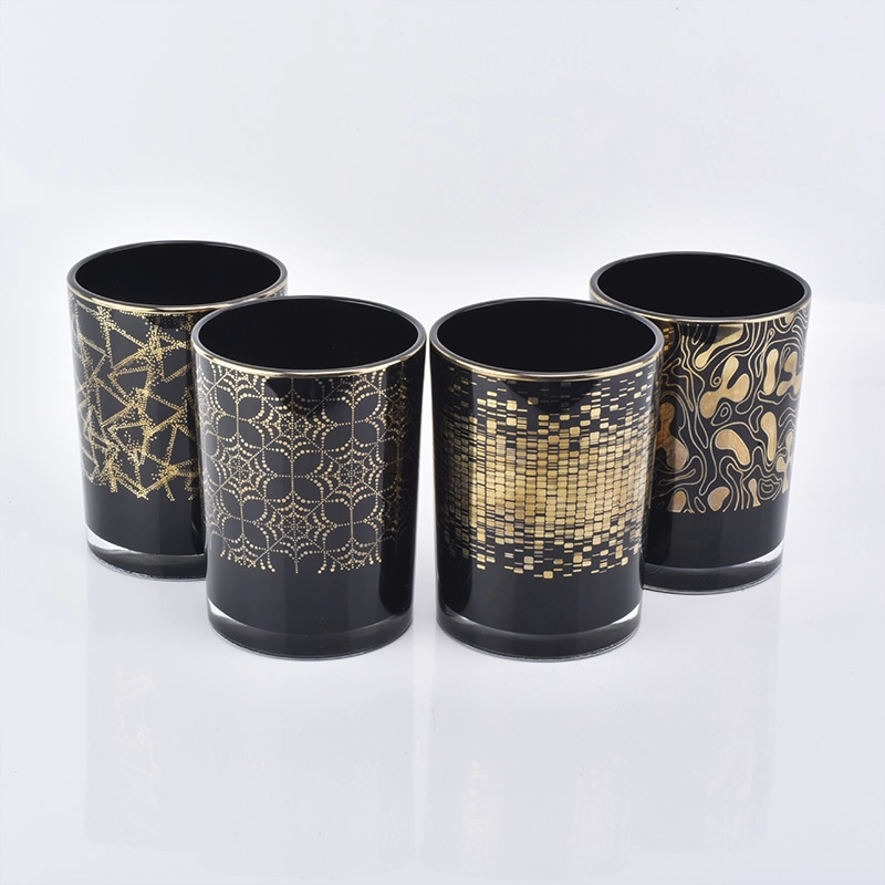 black glass candle container with gold patterns, unique glass candle jar for home decor