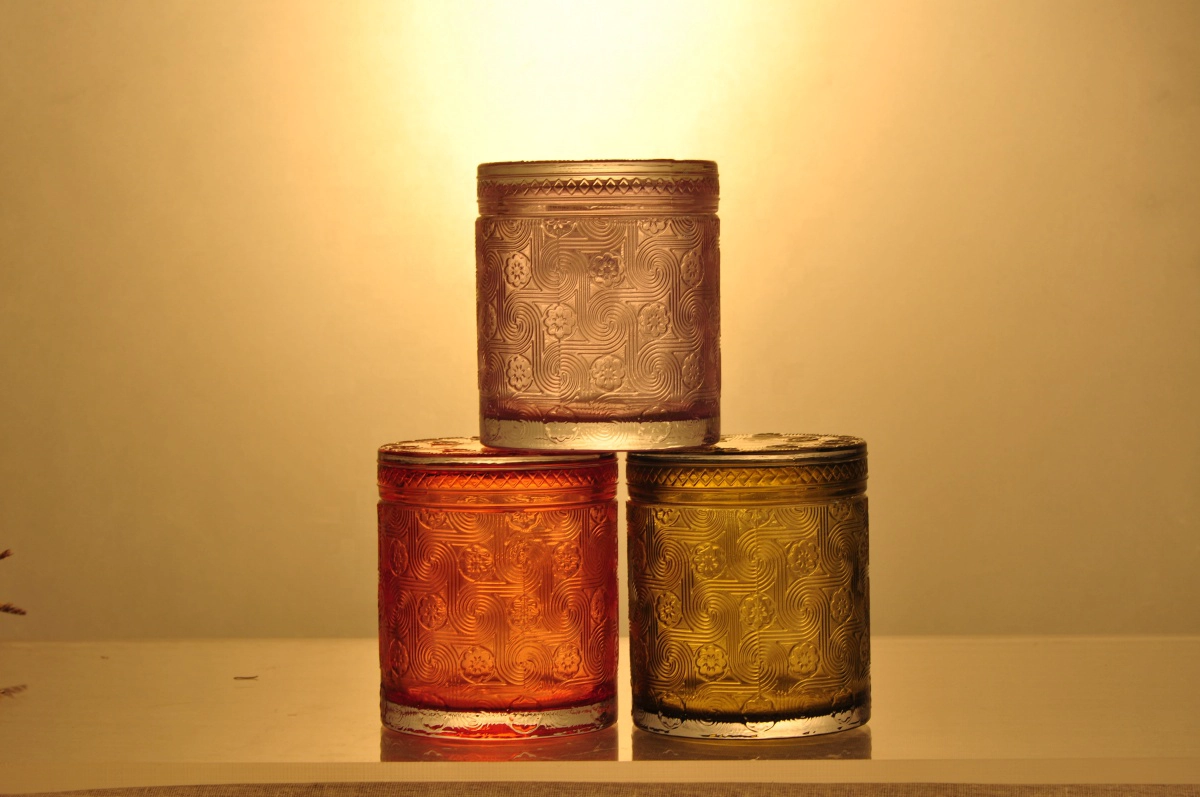 Sunny design luxury embossed Glass candle holder with glass lids