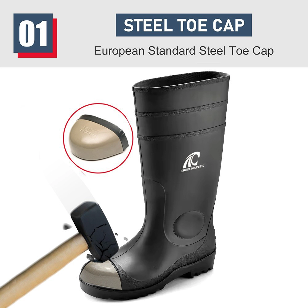 Botas de lluvia de seguridad de PVC antipinchazos, impermeables, con punta de acero, color negro, GB06 CE