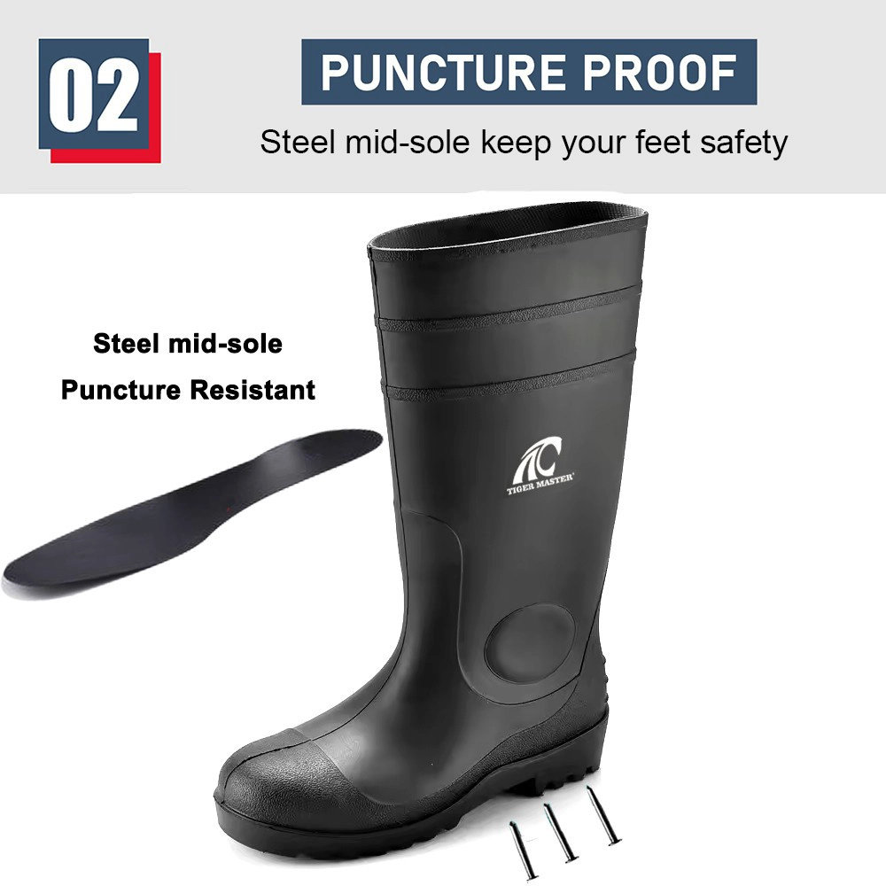 Botas de lluvia de seguridad de PVC antipinchazos, impermeables, con punta de acero, color negro, GB06 CE