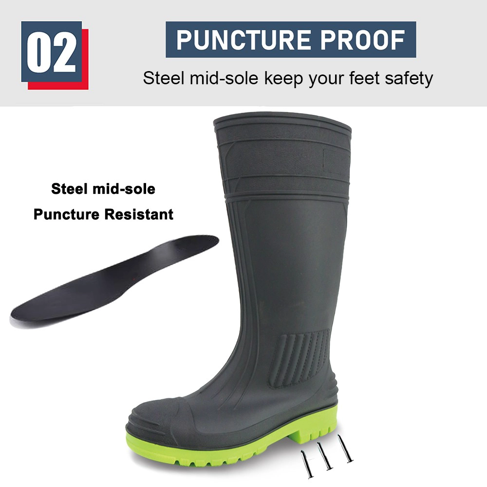 GB38 Zwarte kniehoge antislip waterdichte constructie PVC veiligheidsregenlaarzen stalen neus