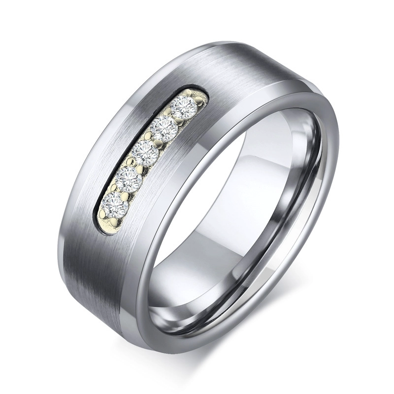 Hotsale 8mm Männer Wohnung und abgeschrägte Kanten Satin gebürstet Wolfram Hochzeitsbänder mit 5 weißen CZ Stones China Lieferant