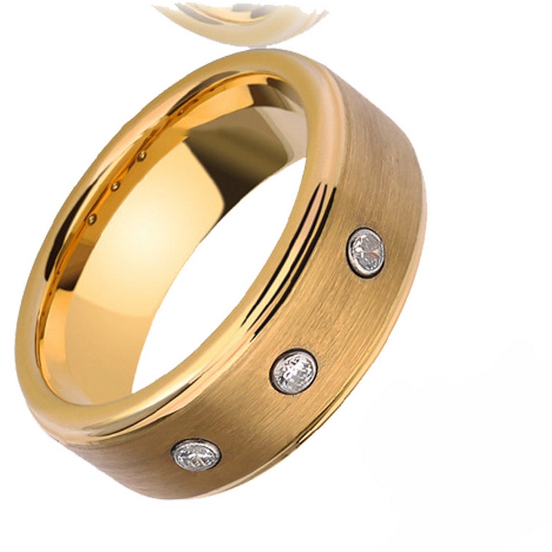 Bagues de mariage de haute qualité pour hommes 8mm Bagues plates et marines de tungstène d\'or avec 3 pierres de 3 Cz Chine fournisseur