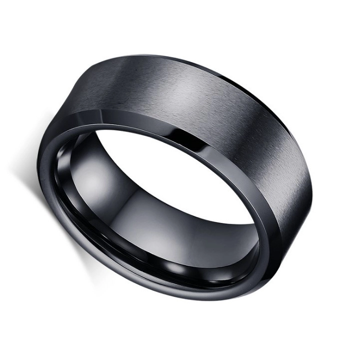 China Factory and Manufacturer selling 8mm Flat and Brushed Black Tungsten carbide ring with Bevel Edges for Men Cool finger ring tungsten rings