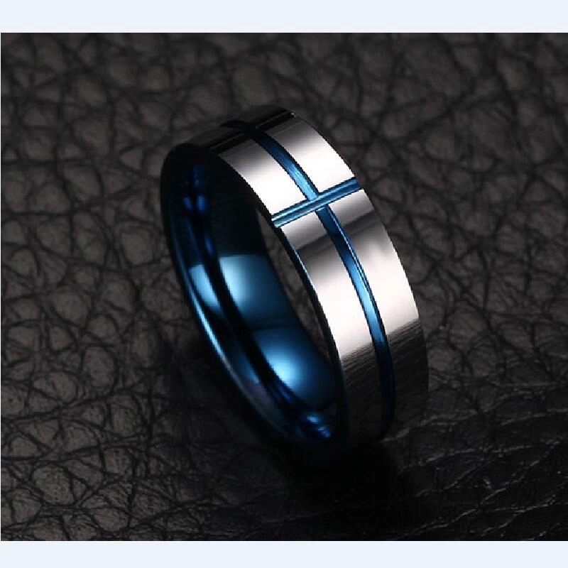 China Fabrik Großhandel 6mm flache hochglanzpolierte blaue und silberne zweifarbige blaue Beschichtung auf Innenseite und Kreuznut Wolframkarbidring