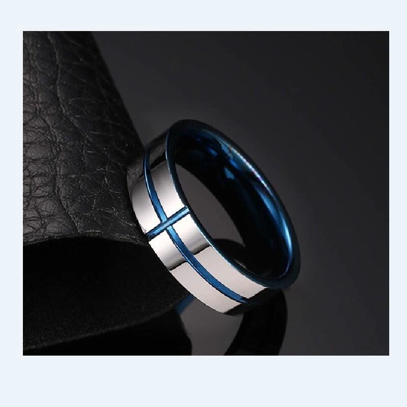 China Fabrik Großhandel 6mm flache hochglanzpolierte blaue und silberne zweifarbige blaue Beschichtung auf Innenseite und Kreuznut Wolframkarbidring