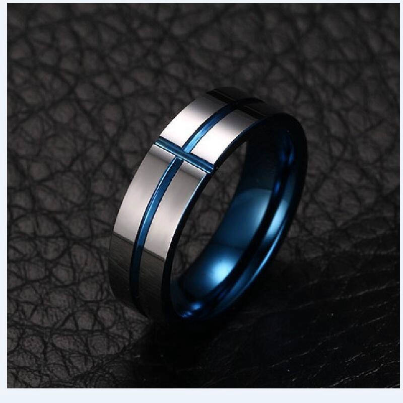 China Fabrik Großhandel 6mm flache hochglanzpolierte blaue und silberne zweifarbige blaue Beschichtung auf Innenseite und Kreuznut Wolframkarbidring