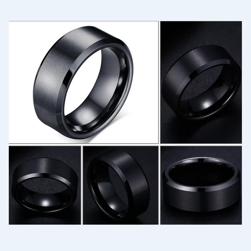 China Factory and Manufacturer selling 8mm Flat and Brushed Black Tungsten carbide ring with Bevel Edges for Men Cool finger ring tungsten rings
