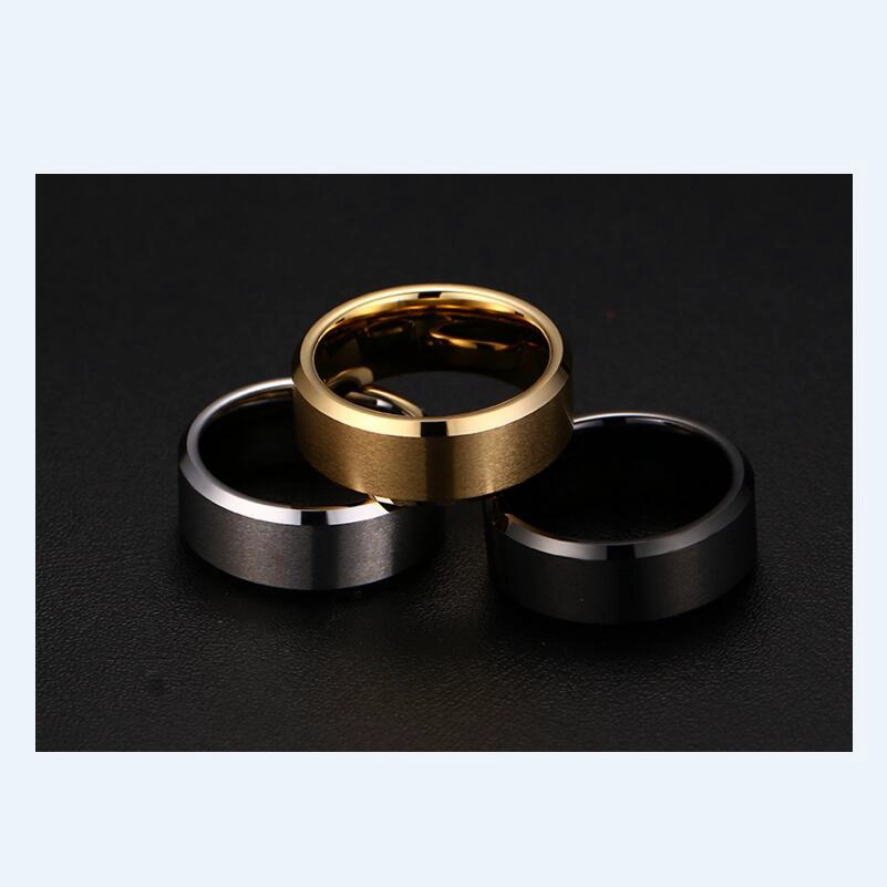 China Factory and Manufacturer selling 8mm Flat and Brushed Black Tungsten carbide ring with Bevel Edges for Men Cool finger ring tungsten rings