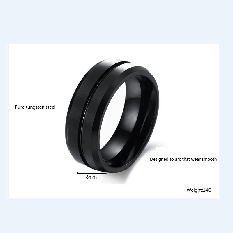 China Factory and Manufacturer Cool and Classic 8mm Flat and Brushed Black Tungsten carbide ring with Groove center for Men finger ring tungsten bands