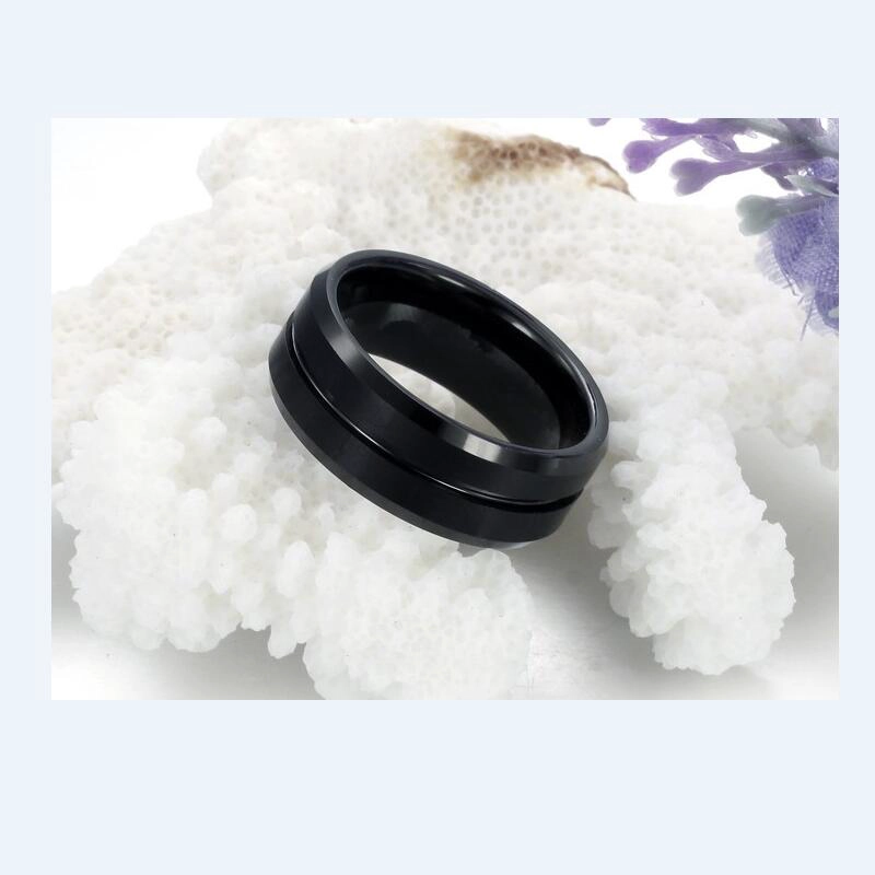 China Factory and Manufacturer Cool and Classic 8mm Flat and Brushed Black Tungsten carbide ring with Groove center for Men finger ring tungsten bands