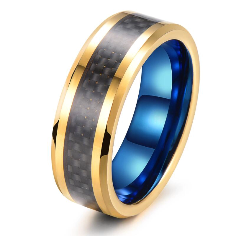 Erstaunlicher Komfort Fit Zwei getönte Gold- und Blaue Nut Wolframkarbid-Hochzeitsbänder mit schwarzer Kohlefaser-Inlay