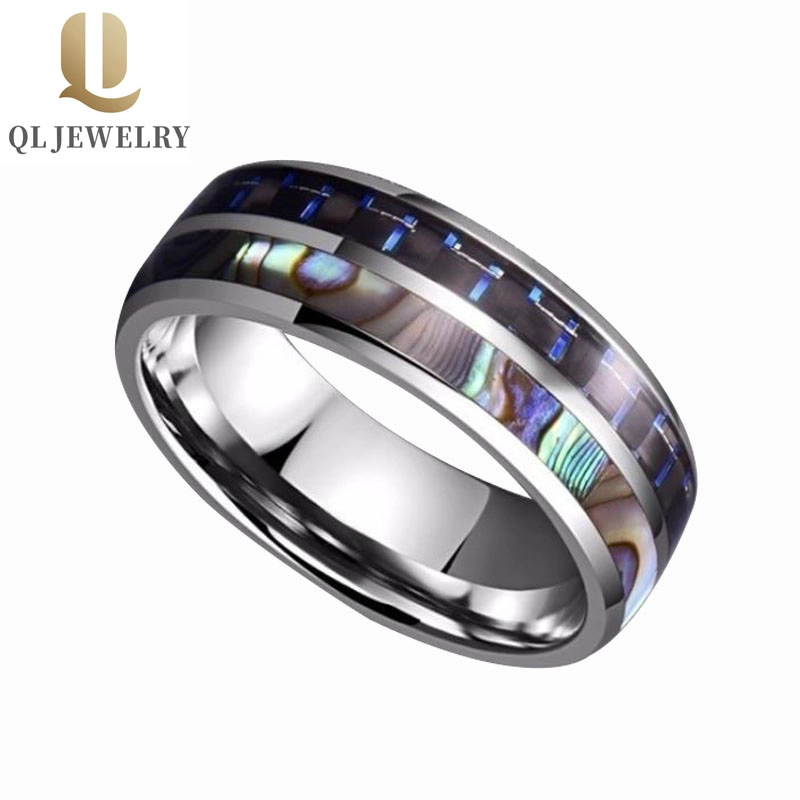 Hot Sale 8mm High Polished Men\'s Shell and Black Carbon Fiber inlay Tungsten Carbide Ring For Men and Women