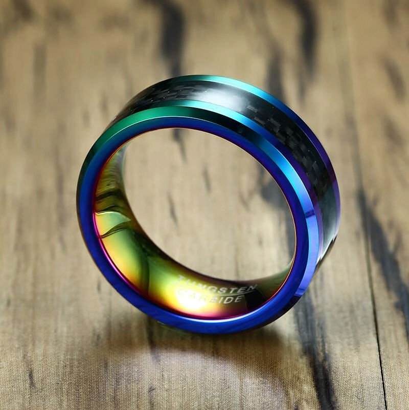 8mm Männer Bunter Regenbogen Wolfram-Kohlefaser-Ring Herren Hochzeitsbänder Kombinierter Komfort Fit Schwarzer Kohlefaserring