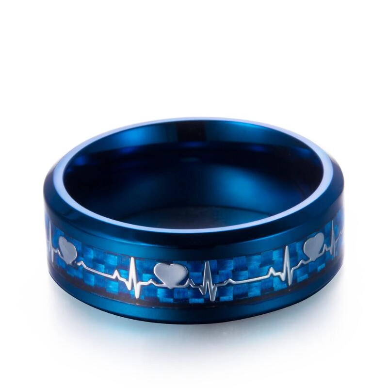Nouveaux ventes chaudes 8mm Heartbeat Bague de tungstène Noir Bague en carbure de carbone Bleu Fibre de carbone et Inlaye de coeur noir Chine fournisseur