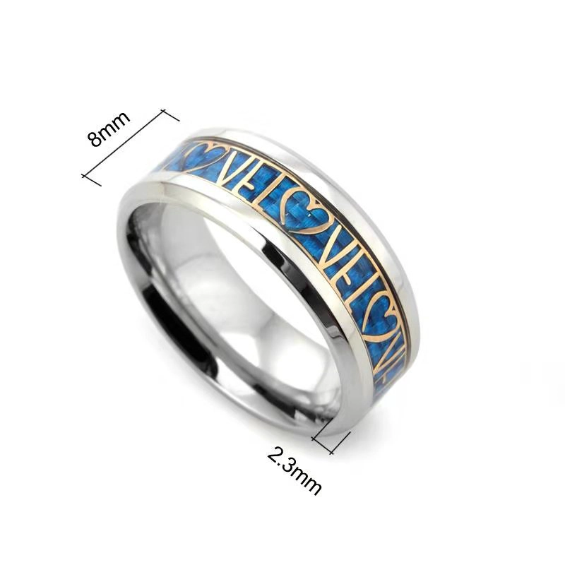 Wolframring des benutzerdefinierten Paares Wolfram Ring Normaler Wolframkarbid Ring Blaue Kohlefaser und Gelbgold Liebe und Herz Inlay China Wolfram Ring Lieferant