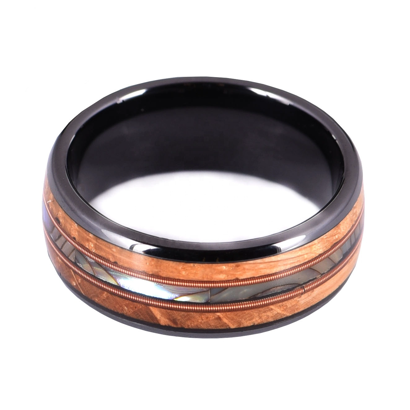 Erstaunliche 8mm hoch polierte gewölbte schwarze Wolframkarbid-Hochzeitsbänder mit Abalone-Muschel- und Holz-Inlay-Center-Roségold-Gitarren-Zeichenfolge China-Hersteller