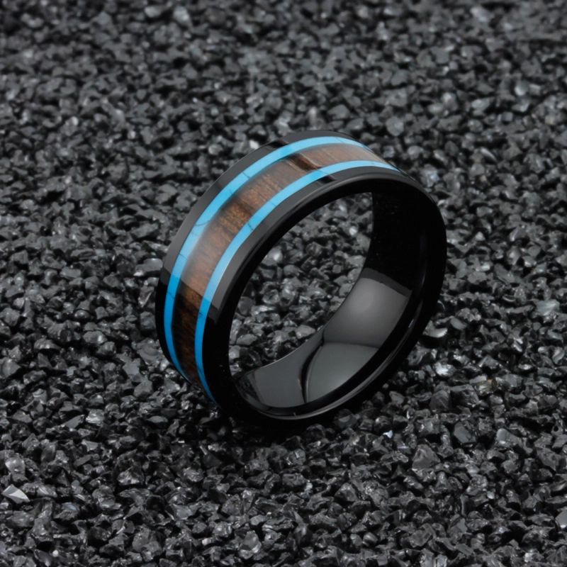 Schwarzer keramischer ring hoch poliert koa holz und türkis inlay keramik eduland band mode einfache keramik ring china produzent