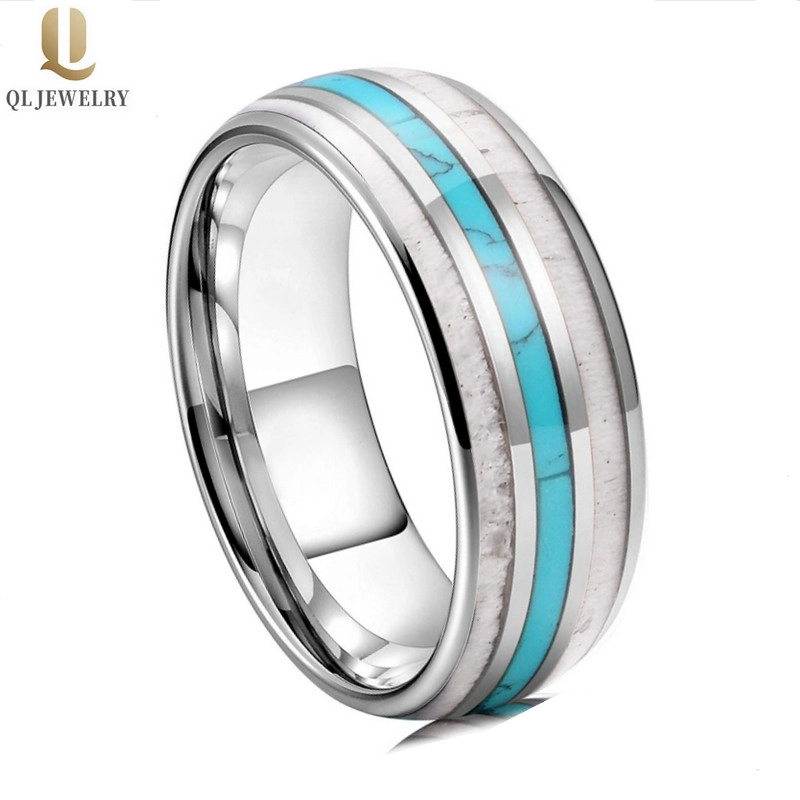 Increíbles bandas de boda de carburo de tungsteno pulido de 8 mm con asta y turquesa y madera incrustada fabricante de China