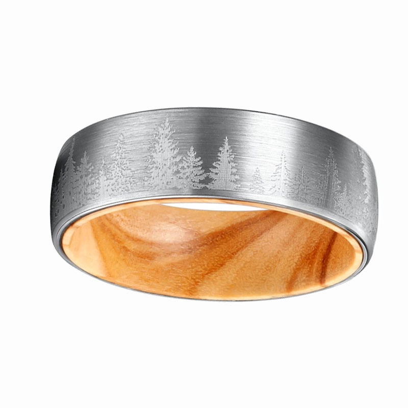 Solid Wood inlay Brushed Domed Tungsten Carbide Ring with Forest Trees Stamped engraving 8mm Fashion Jewelry Ring