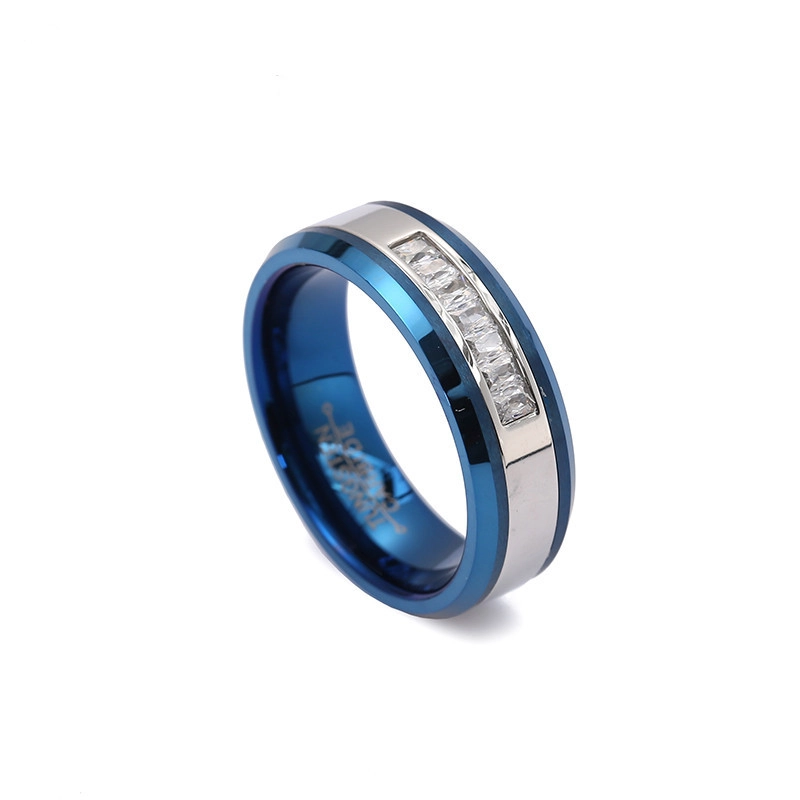 Hotsale 8mm Eheringe für Männer Flache und abgeschrägte Kanten Blauer und silberner Wolframring mit 7 weißen CZ-Steinen China Hersteller