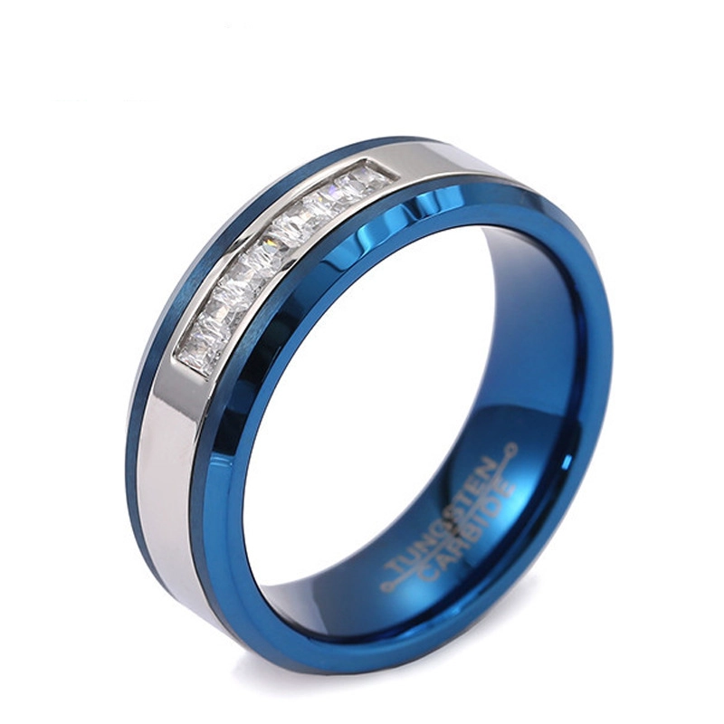 Hotsale 8mm Eheringe für Männer Flache und abgeschrägte Kanten Blauer und silberner Wolframring mit 7 weißen CZ-Steinen China Hersteller