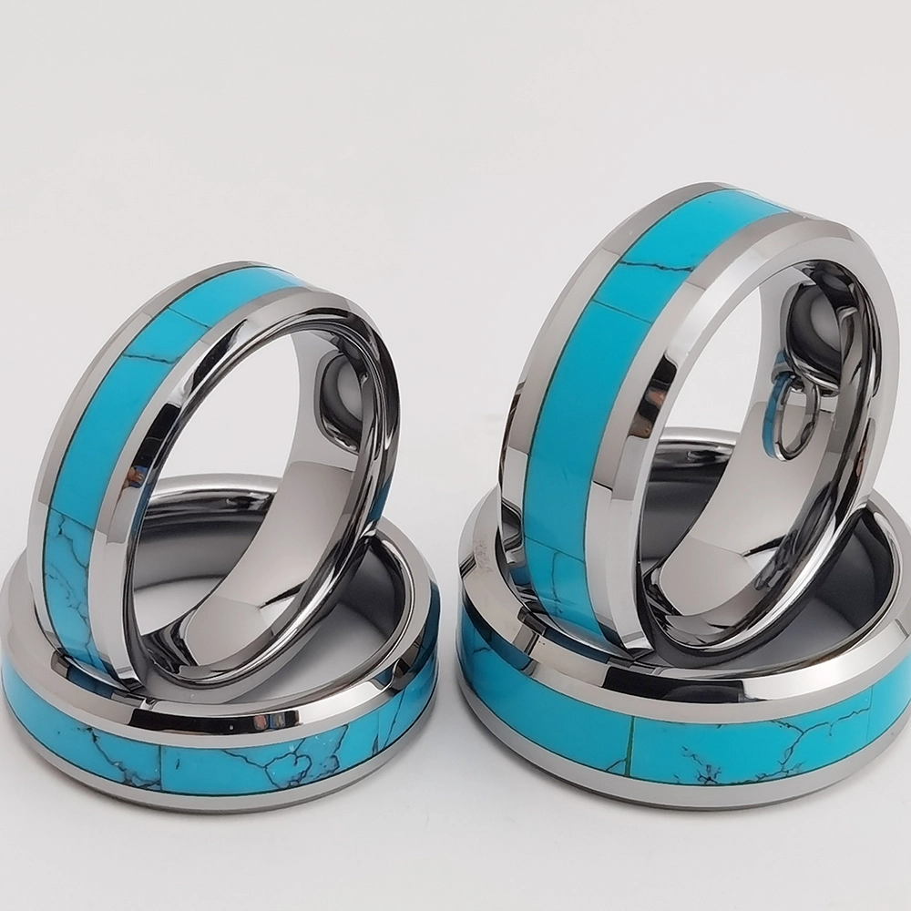 Anello di tungsteno in stock Popolare Anello in carburo di tungsteno con bordi smussati piatti da uomo in argento lucido da 8 mm con intarsio turchese Produttori cinesi